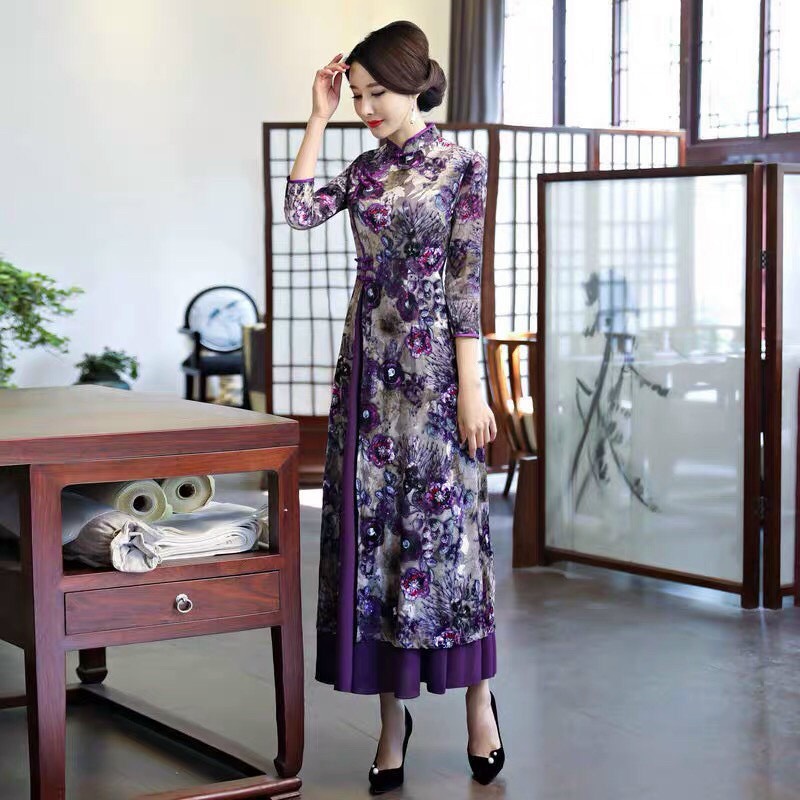 Đầm Cổ Tàu Hoa Tím -HN948
